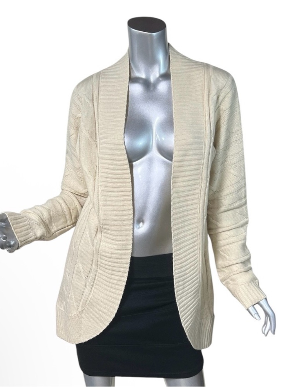 Women’s MEDIUM Open Front Cardigan Sweater Wide Ribbed Shawl Collar Beige Cream